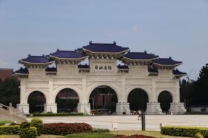 Impressive view of the Liberty Square Archway in Taipei under clear skies.