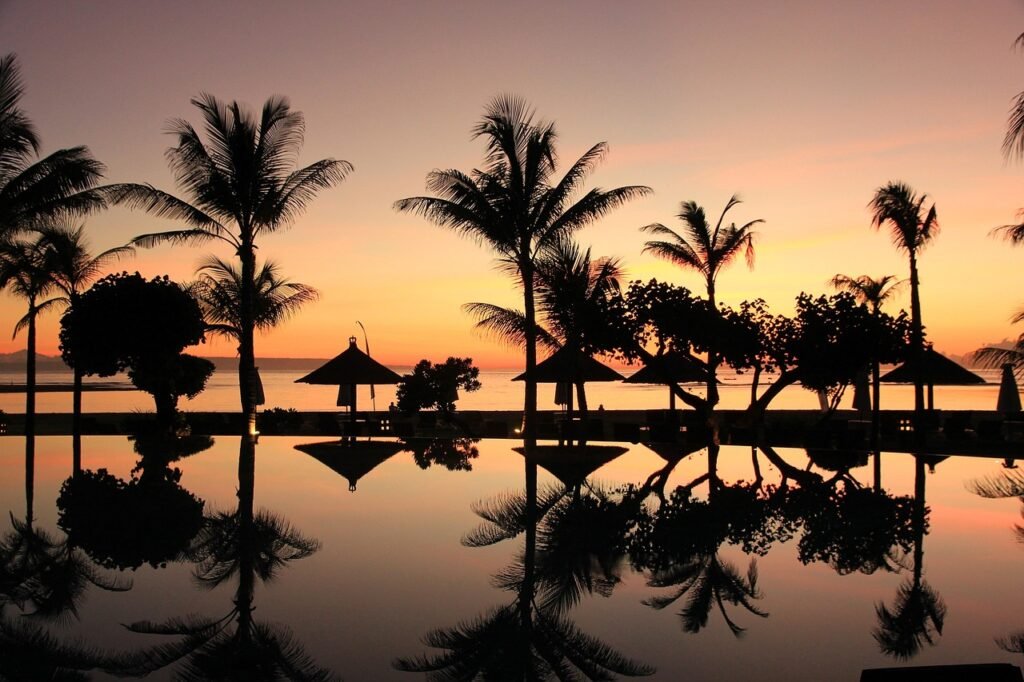 bali, palm trees, nature wallpaper, sunset, beautiful nature, travel, indonesia, swimming pool, vacations, hd wallpaper, beach, nature background, 4k wallpaper, nature, destination