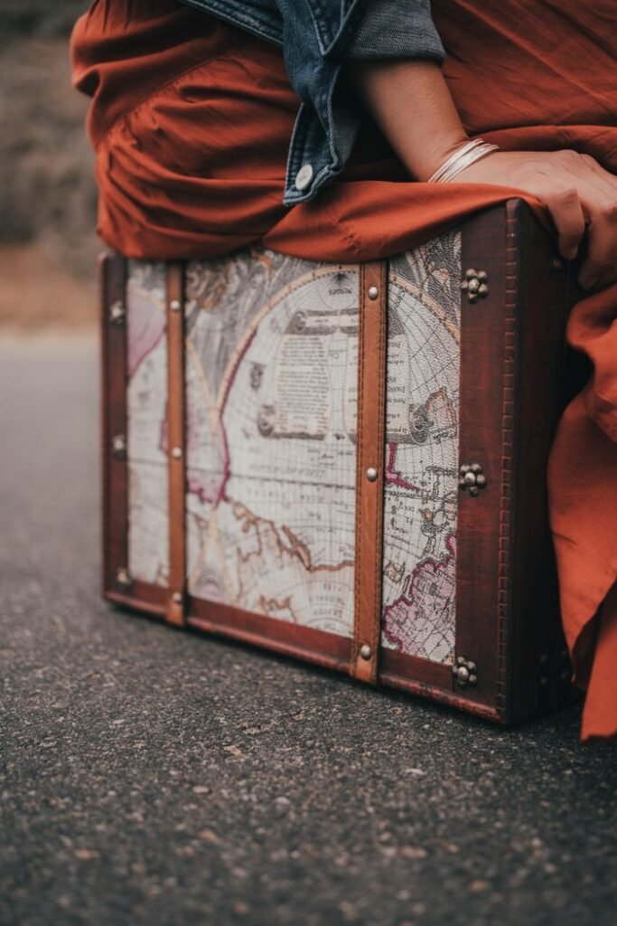 pexels photo 9664937 9664937 A woman sits on a vintage suitcase adorned with an old map design, outdoors.